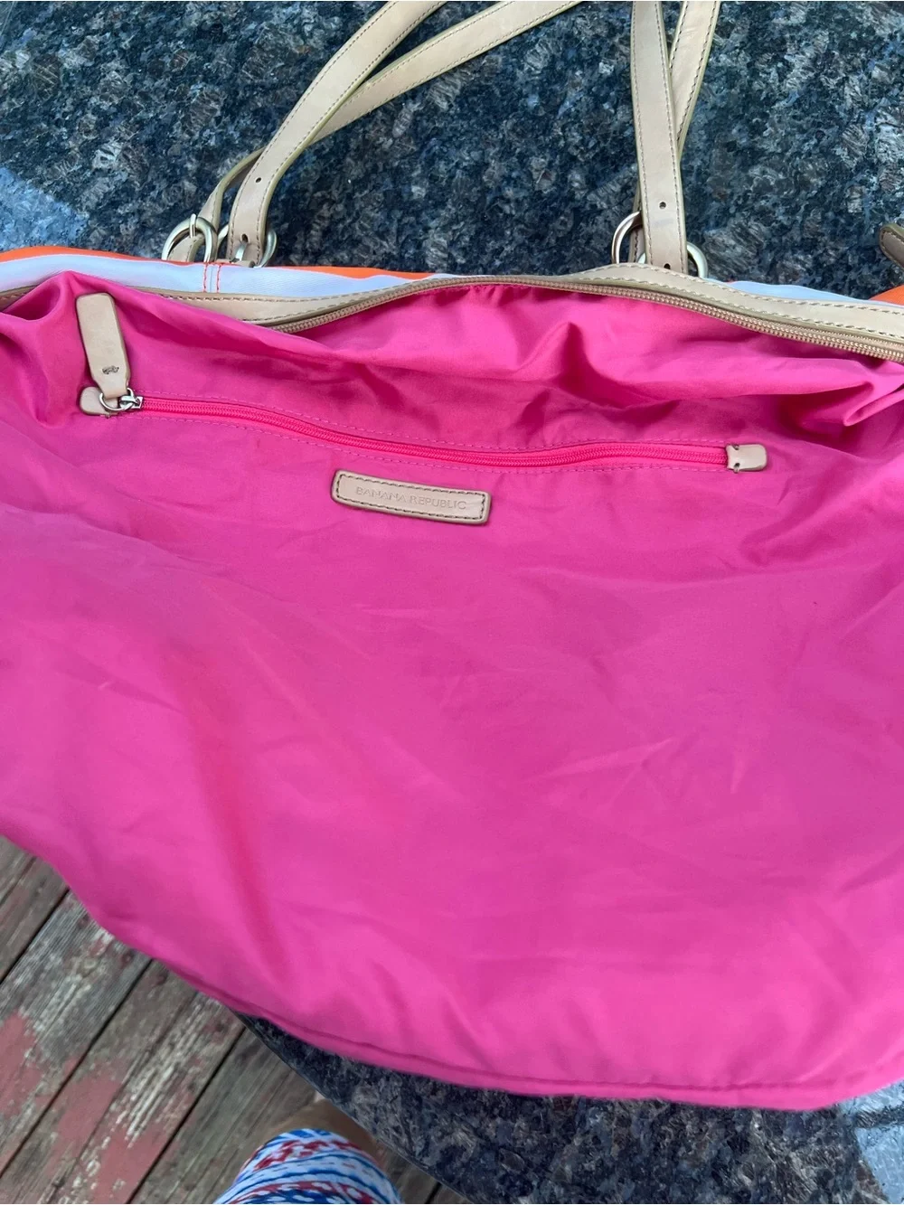 Banana Republic Pink, Orange & White Striped Tote with Neutral Handles